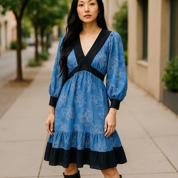 Anthropologie‎ Moulinette Soeurs Blue White Black Sheer Mini Dress Size 2 - Picture 2 of 7